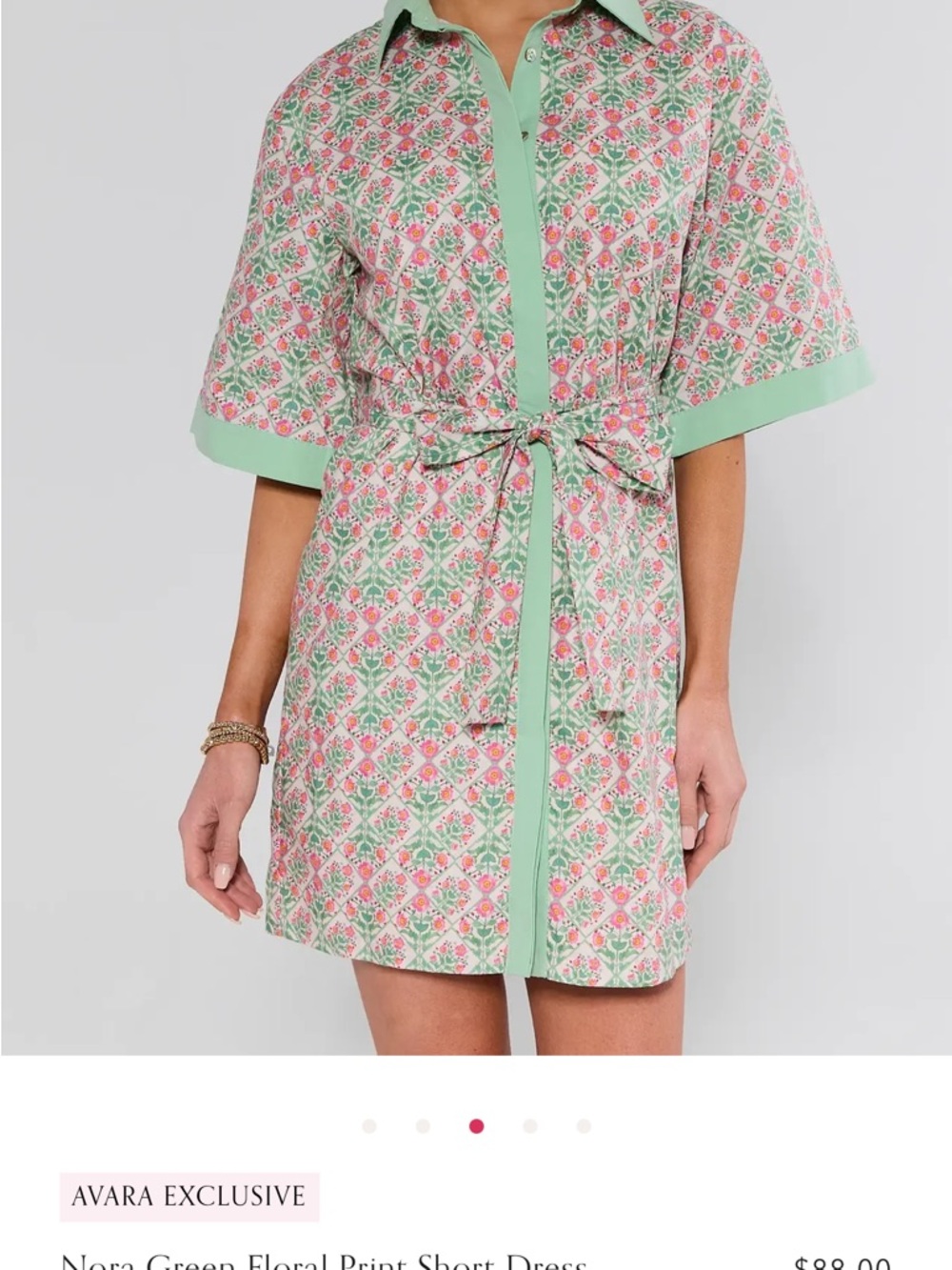Nora Floral Tie-Waist Short Dress in Green and Pink